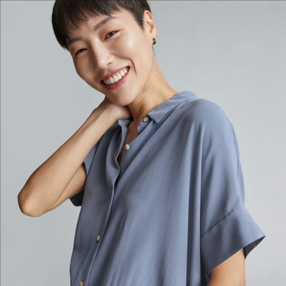 EVERLANE The Clean Silk Short-Sleeve Square Shirt French Blue NWT sz 4 - Picture 3 of 6
